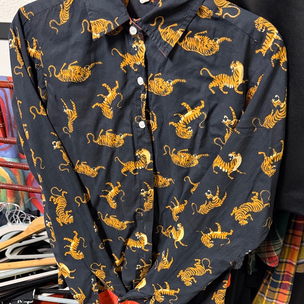 Women's Black and Orange Tiger Print Button Down Shirt